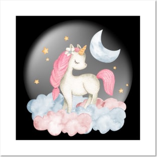 Dreamy watercolour unicorn on a starry night Posters and Art